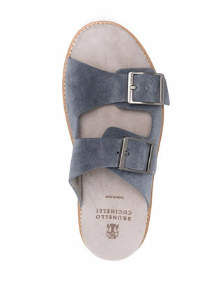 Brunello Cucinelli Suede Double-Strap Slide Sandals Blue Grey