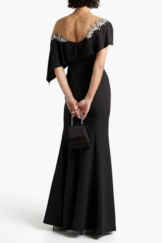 MARCHESA NOTTE EMBELLISHED TULLE-PANELED DRAPED CREPE GOWN - Size 14