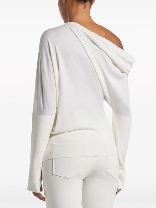 Tom Ford Fine-Knit Draped Off-Shoulder Top with Thumbholes