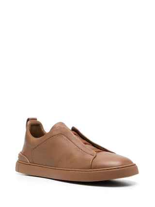 Zegna Grained Leather Slip-On Sneakers Cognac