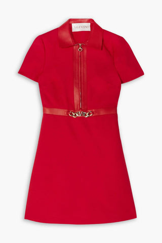 VALENTINO GARAVANI EMBELLISHED LEATHER-TRIMMED WOOL AND SILK-BLEND MINI DRESS - Size 36