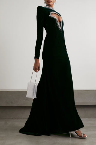 MISS SOHEE CRYSTAL-EMBELLISHED CUTOUT STRETCH-VELVET GOWN - Size 10
