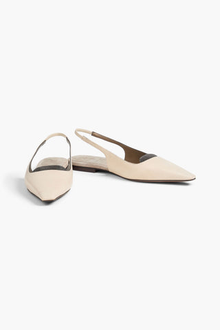 BRUNELLO CUCINELLI BEAD-EMBELLISHED LEATHER SLINGBACK POINT-TOE FLATS - Size 37
