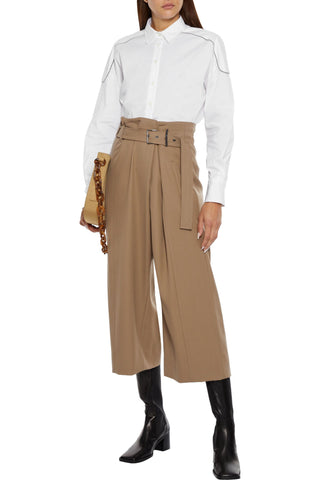 BRUNELLO CUCINELLI CROPPED BELTED BEAD-EMBELLISHED WOOL WIDE-LEG PANTS - Size 44