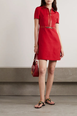 VALENTINO GARAVANI EMBELLISHED LEATHER-TRIMMED WOOL AND SILK-BLEND MINI DRESS - Size 36