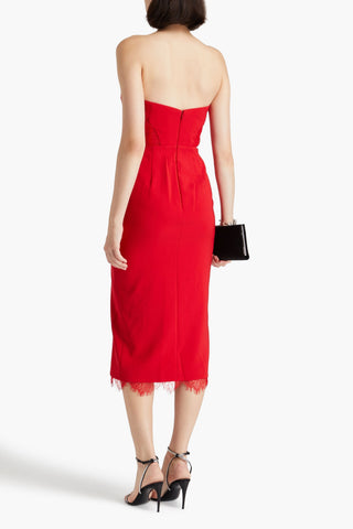 MARCHESA NOTTE STRAPLESS LACE-TRIMMED PLEATED CREPE MIDI DRESS - Size 8