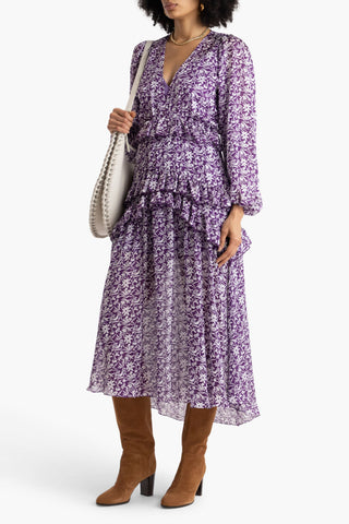 MAJE RUFFLED FLORAL-PRINT CHIFFON MIDI DRESS - Size 38
