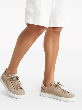 Brunello Cucinelli Taupe Suede Low-Top Sneakers with White Sole