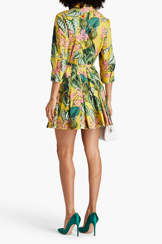 OSCAR DE LA RENTA PLEATED FLORAL-PRINT STRETCH COTTON-POPLIN MINI SHIRT DRESS - Size 4