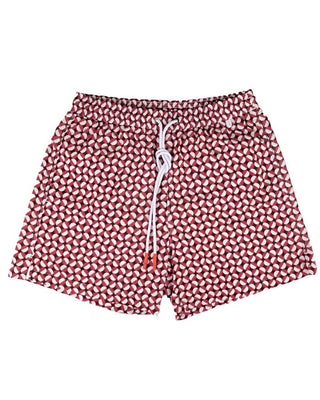 ISAIA Red White Geometric Print Swim Trunks