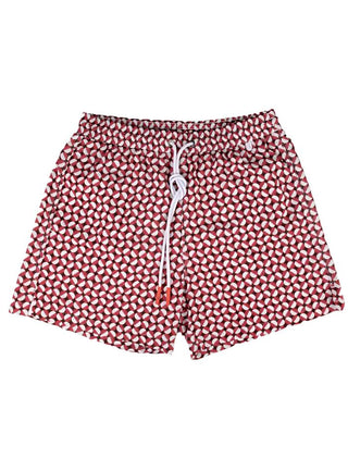 ISAIA Red White Geometric Print Swim Trunks