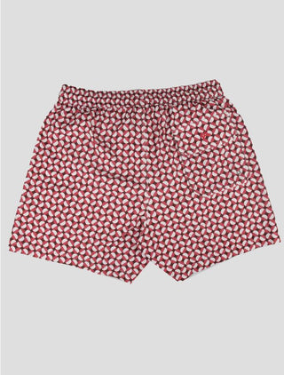 ISAIA Red White Geometric Print Swim Trunks