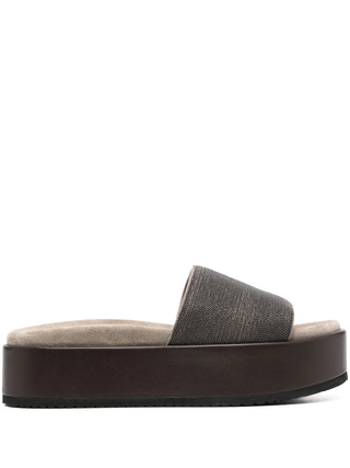 Brunello Cucinelli Monili-Embellished Open-Toe Platform Slides Dark Brown