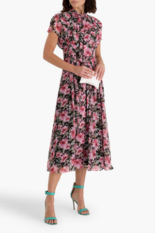 MIKAEL AGHAL PUSSY-BOW FLORAL-PRINT CREPE DE CHINE MIDI DRESS - Size 14