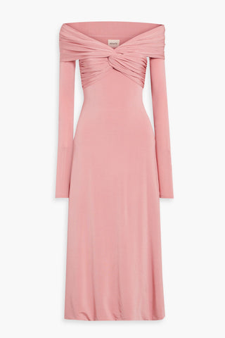 KHAITE CERNA OFF-THE-SHOULDER TWIST-FRONT JERSEY MIDI DRESS - Size S