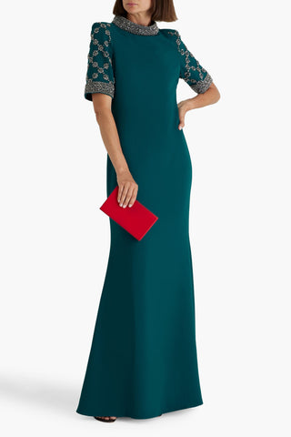 BADGLEY MISCHKA CRYSTAL-EMBELLISHED CREPE GOWN - Size 8