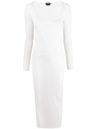 Tom Ford Knit Long-Sleeve Square-Neck Midi Dress White