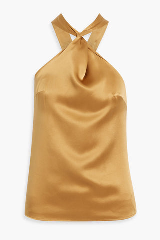 LOULOU STUDIO ESTOR TWIST-FRONT WASHED SILK-SATIN HALTERNECK TANK - Size M
