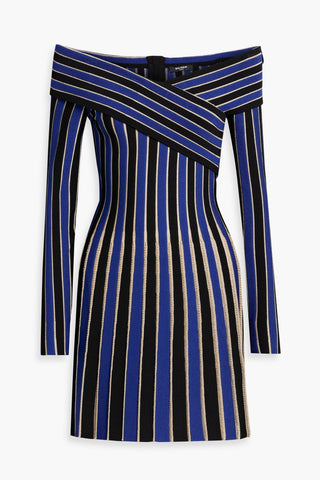 BALMAIN OFF-THE-SHOULDER METALLIC STRIPED RIBBED-KNIT MINI DRESS - Size 34