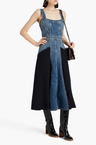 CHLOÉ TWILL-PANELED DENIM MIDI DRESS - Size 46