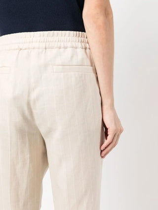 Brunello Cucinelli Pinstriped Linen Blend Drawstring Cuffed Trousers Beige