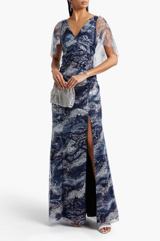 MARCHESA NOTTE TWIST-FRONT GLITTERED PRINTED TULLE GOWN - Size 10
