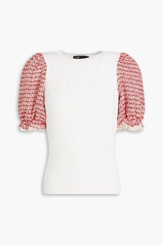 MAJE TWEED-PANELED RIBBED-KNIT TOP - Size 1