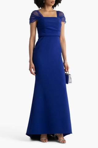 BADGLEY MISCHKA TULLE-TRIMMED DRAPED CREPE GOWN - Size 4