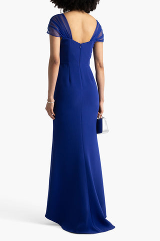BADGLEY MISCHKA TULLE-TRIMMED DRAPED CREPE GOWN - Size 4