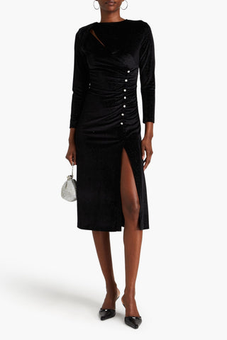 SANDRO CRYSTAL-EMBELLISHED RUCHED STRETCH-VELVET MIDI DRESS - Size 36