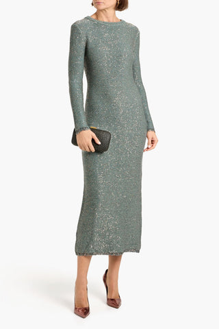 ALTUZARRA CINDY SEQUIN-EMBELLISHED METALLIC STRETCH-KNIT MIDI DRESS - Size L