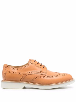 Brunello Cucinelli Tan Leather Wingtip Brogue Derby Shoes with Contrast Sole