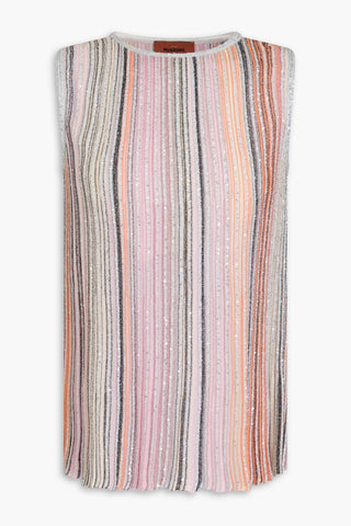 MISSONI SEQUIN-EMBELLISHED METALLIC STRIPED RIBBED-KNIT TANK - Size 38