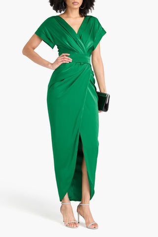 RHEA COSTA JAYA BELTED DRAPED SATIN MAXI DRESS - Size 42