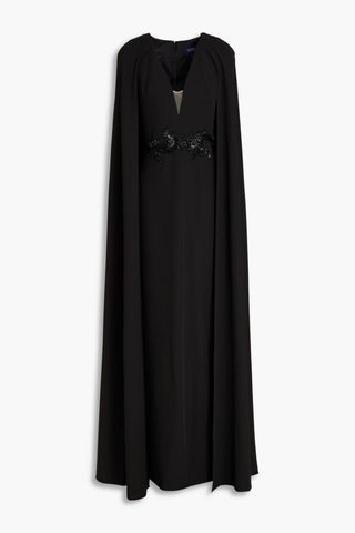 MARCHESA NOTTE CAPE-EFFECT EMBELLISHED CREPE GOWN - Size 10