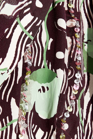 VALENTINO GARAVANI EMBELLISHED CHIFFON-PANELED PRINTED SILK CREPE DE CHINE DRESS - Size 40