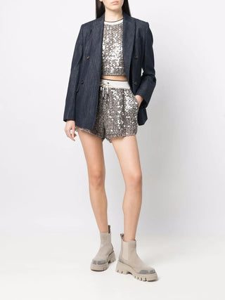 Brunello Cucinelli Sequined Mesh Sleeveless Vest with Ribbed Neck