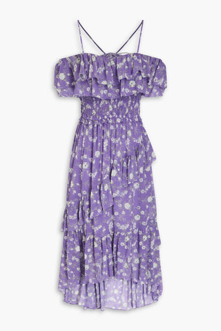 ULLA JOHNSON PENNINAH COLD-SHOULDER RUFFLED FLORAL-PRINT SILK-GEORGETTE MIDI DRESS - Size 6