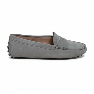 Tod’s Light Grey Suede Driving Loafers with Rubber Pebble Sole