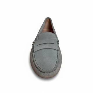 Tod’s Light Grey Suede Driving Loafers with Rubber Pebble Sole