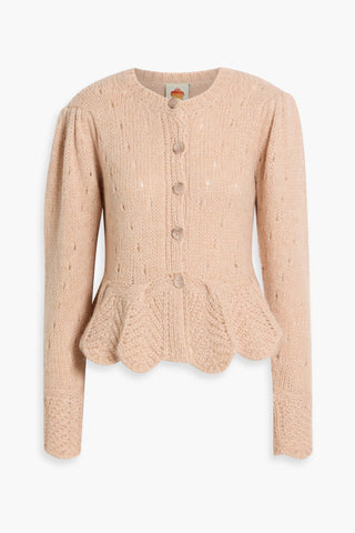 FARM RIO RUFFLED POINTELLE AND CABLE-KNIT CARDIGAN - Size L