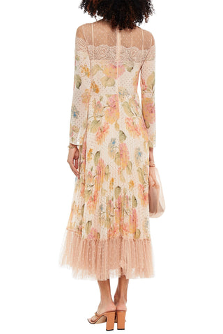 VALENTINO PLEATED FLORAL-PRINT GEORGETTE, LACE AND POINT D'ESPRIT MIDI DRESS - Size 44