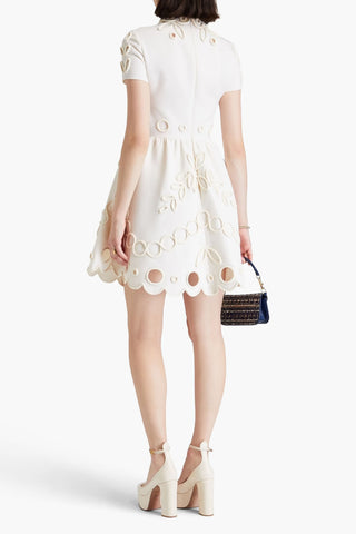 VALENTINO GARAVANI APPLIQUD LASER-CUT WOOL-CREPE MINI DRESS - Size 38