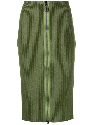 Tom Ford Ribbed Knit Full-Zip Pencil Skirt Olive Green