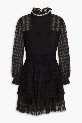 SANDRO TIERED BEAD-EMBELLISHED LACE MINI DRESS - Size 40