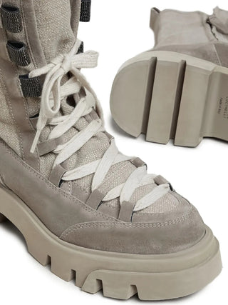 Brunello Cucinelli Suede and Canvas Lug Sole Combat Boots in Grey