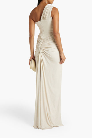 RHEA COSTA ONE-SHOULDER RUCHED GLITTERED JERSEY GOWN - Size 48