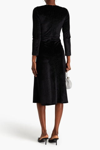 SANDRO CRYSTAL-EMBELLISHED RUCHED STRETCH-VELVET MIDI DRESS - Size 36