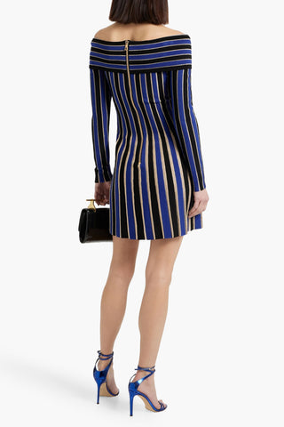 BALMAIN OFF-THE-SHOULDER METALLIC STRIPED RIBBED-KNIT MINI DRESS - Size 34
