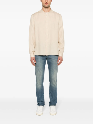 Brunello Cucinelli Linen Band-Collar Shirt in Sand